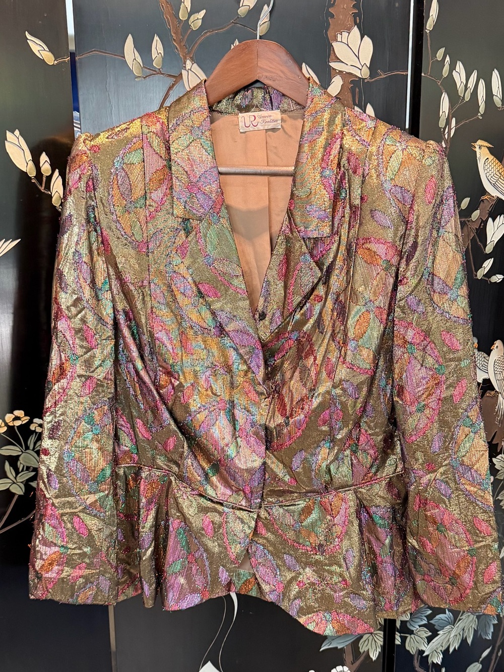 VTG Unseen Realities Metallic Gold Brocade Blazer Peplum Jacket Art To Wear